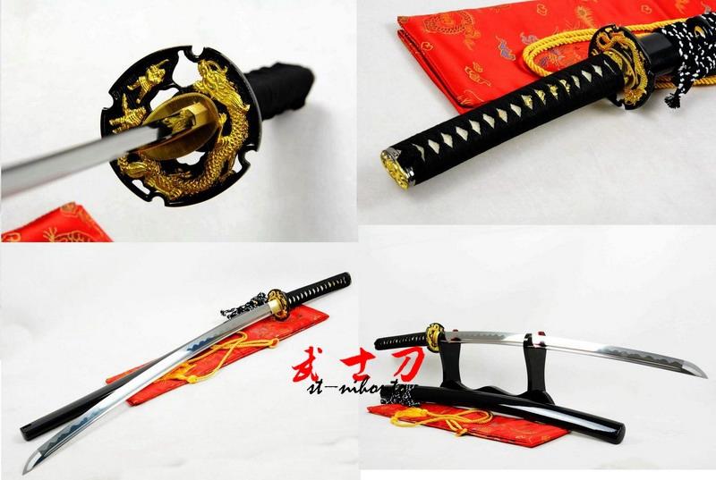 Handmade Japanese Battle Ready 9260 Spring Steel Black Katana Dragon Tsuba Full Tang Balde