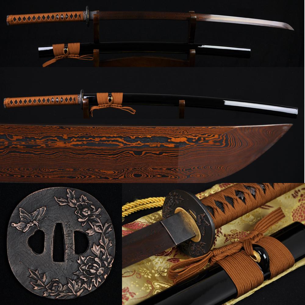 Black Red Folded Steel Full Tang Blade Japanese Samurai Katana Functional Sword