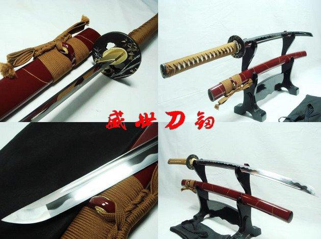 Hand Forged Red Japanese Katana Sword Bamboo Tsuba Sharpened Blade