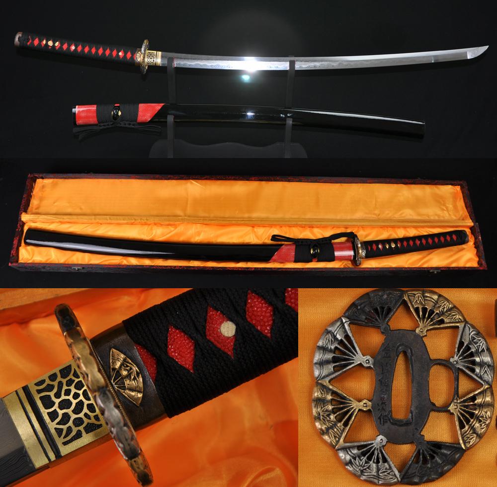 41 Inch Japanese Samurai Katana Sword Clay Tempered Blade Ray Skin Saya Fan Fittings