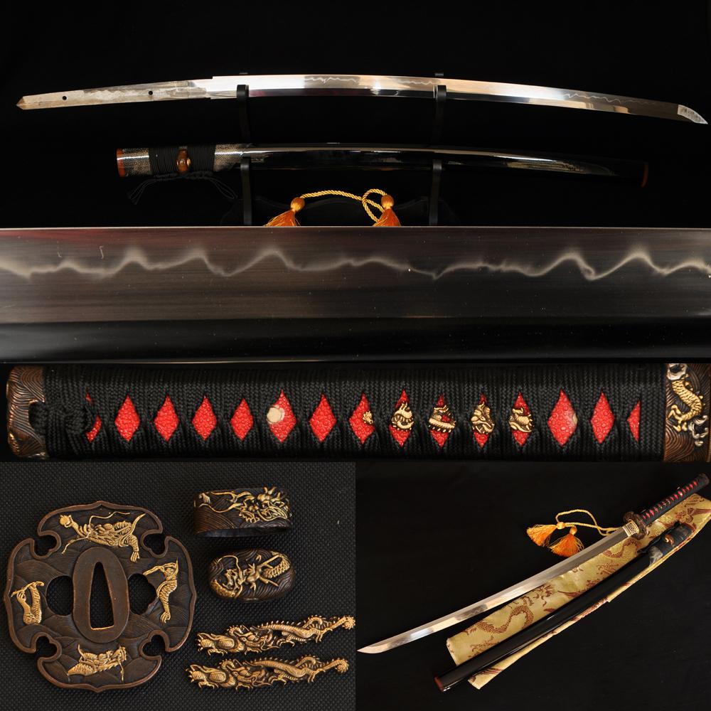 Japanese Samurai Dragon Sword Katana Clay Tempered Blade Ray Skin Wrapped Saya