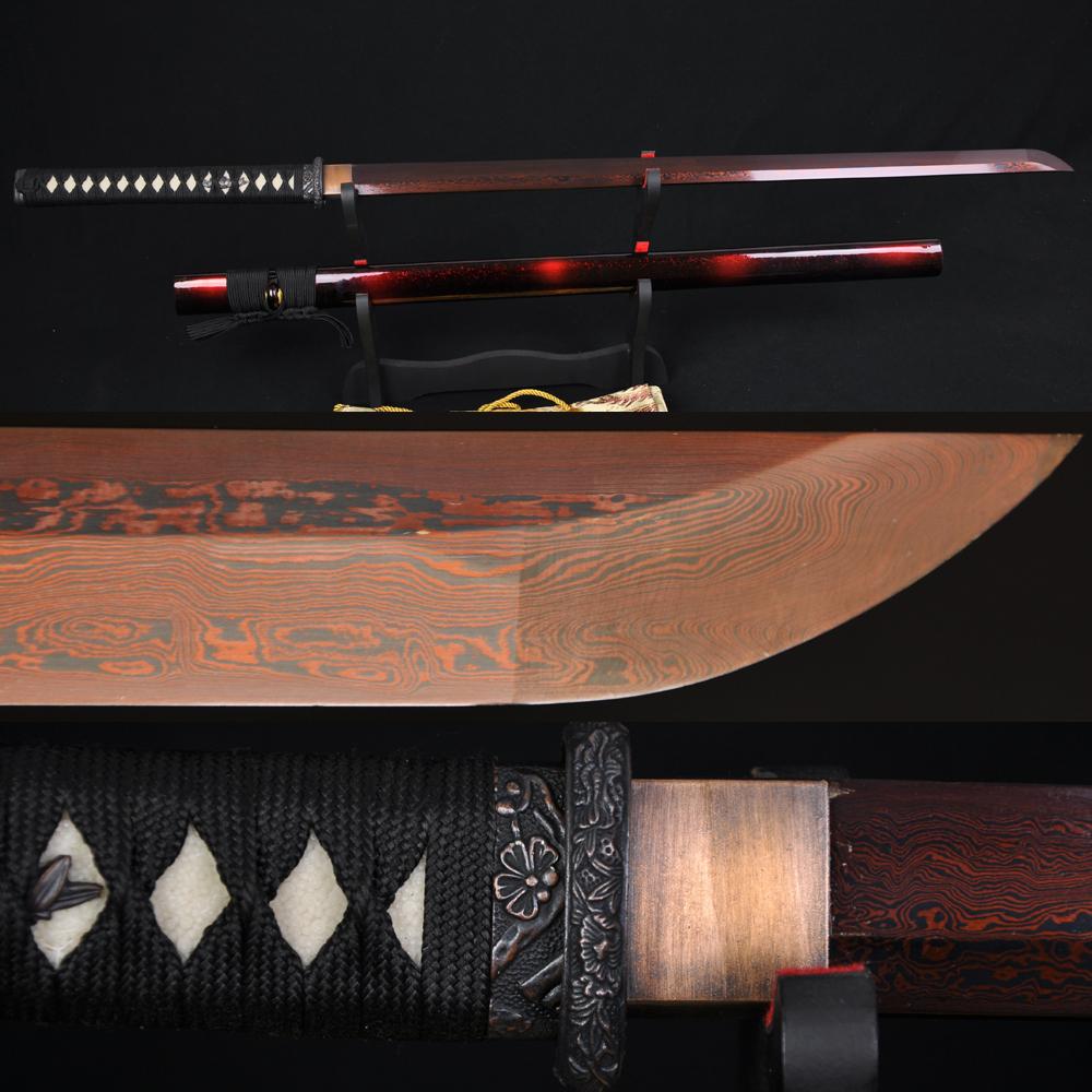 High Quality Japanese Samurai Ninja Sword Black Red Folded Steel Full Tang Blade